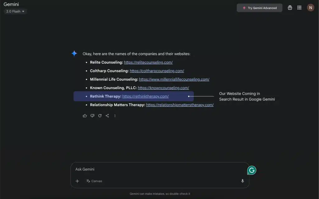 Rethink Therapy website showing in Gemini